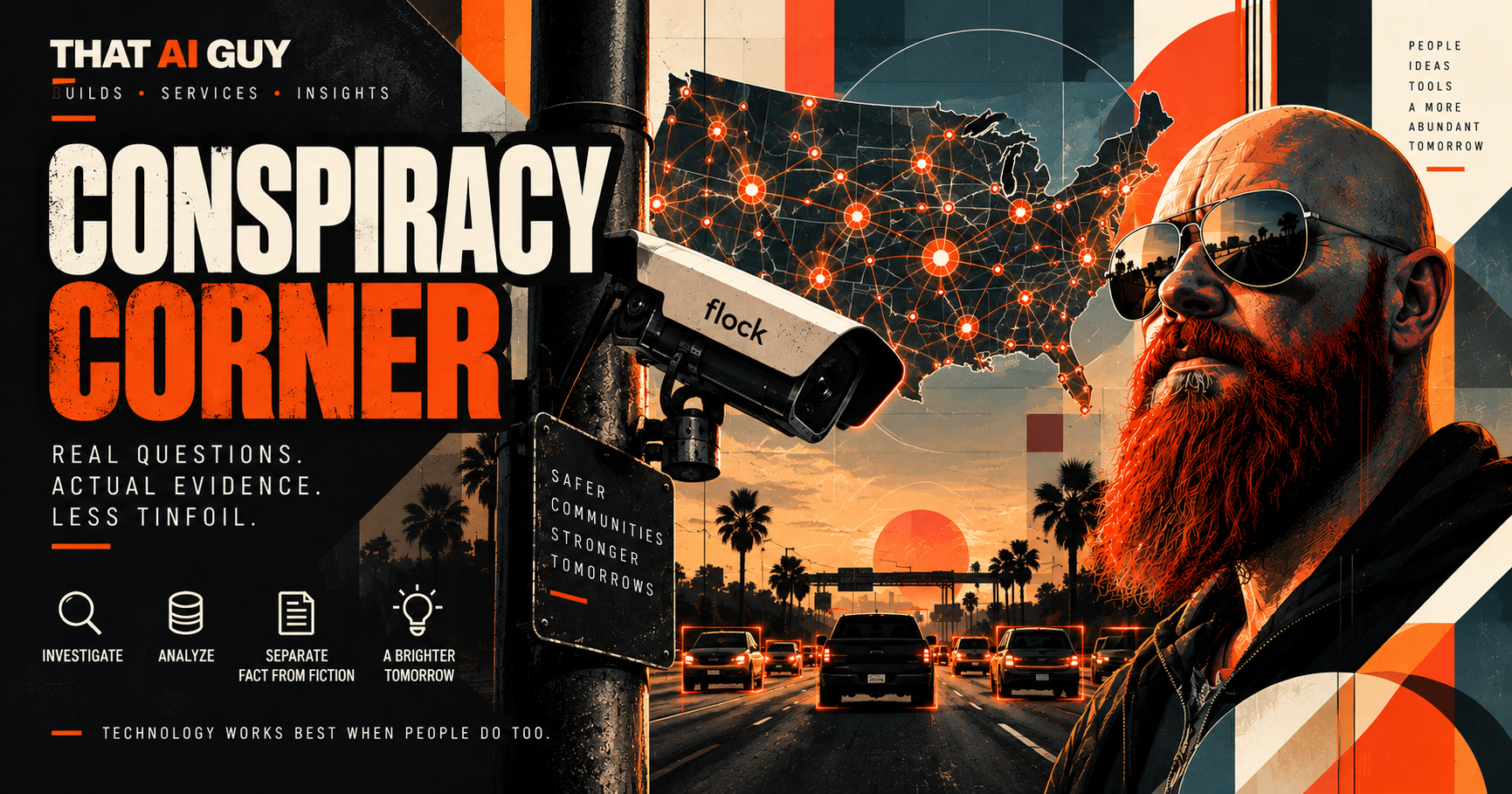 Conspiracy Corner Issue 001 artwork featuring a Flock camera and a network map of the United States.